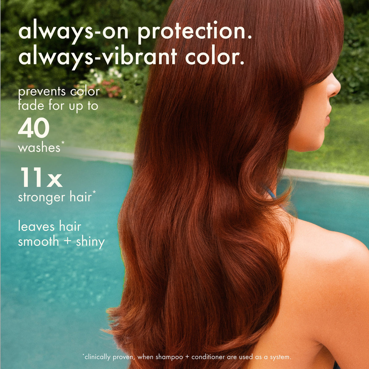 Woman with long reddish-brown hair. Overlaid text reads: "always-on protection. always-vib