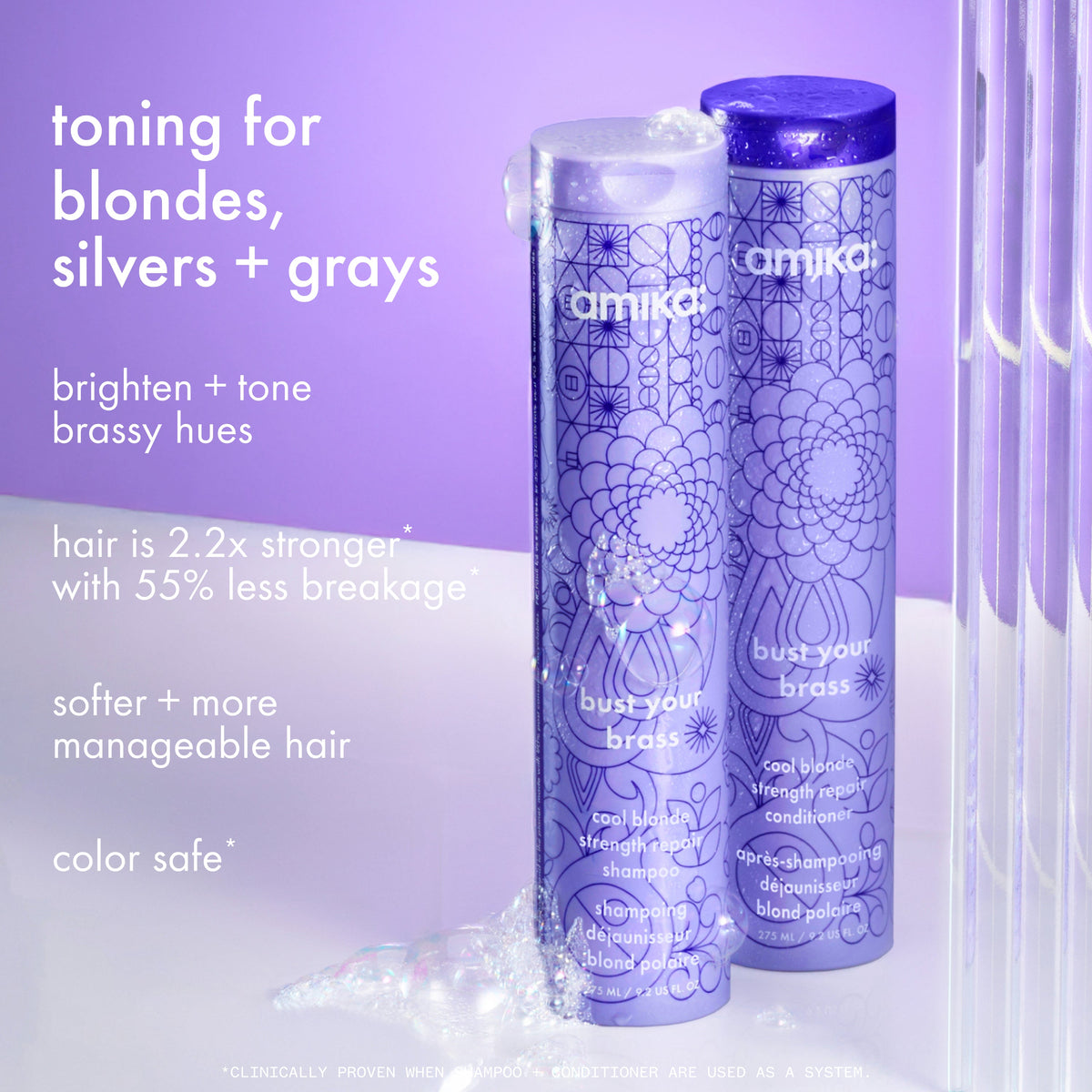Amika hair care products on a purple background with text about product benefits.