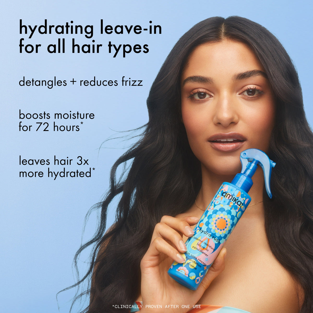 Woman holding a hair product with text about its benefits on a blue background