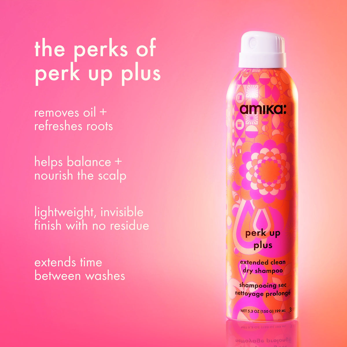 Amika Perk Up Plus dry shampoo bottle on a pink background with product features listed.