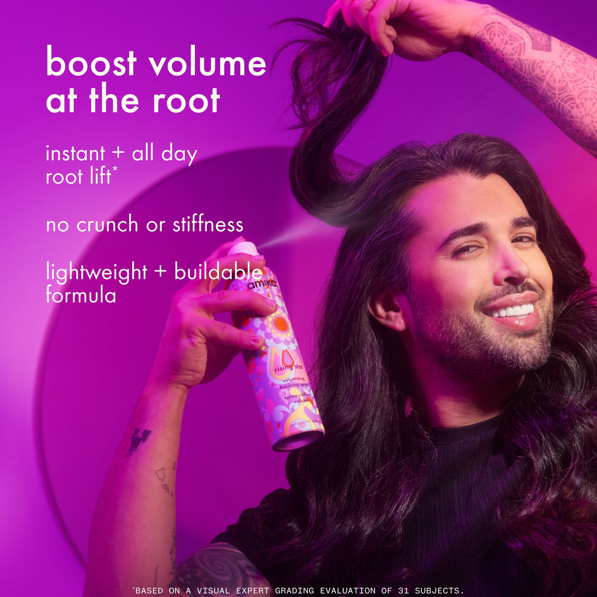 Man with long hair holding a can of hair product against a purple background. Text: "boost