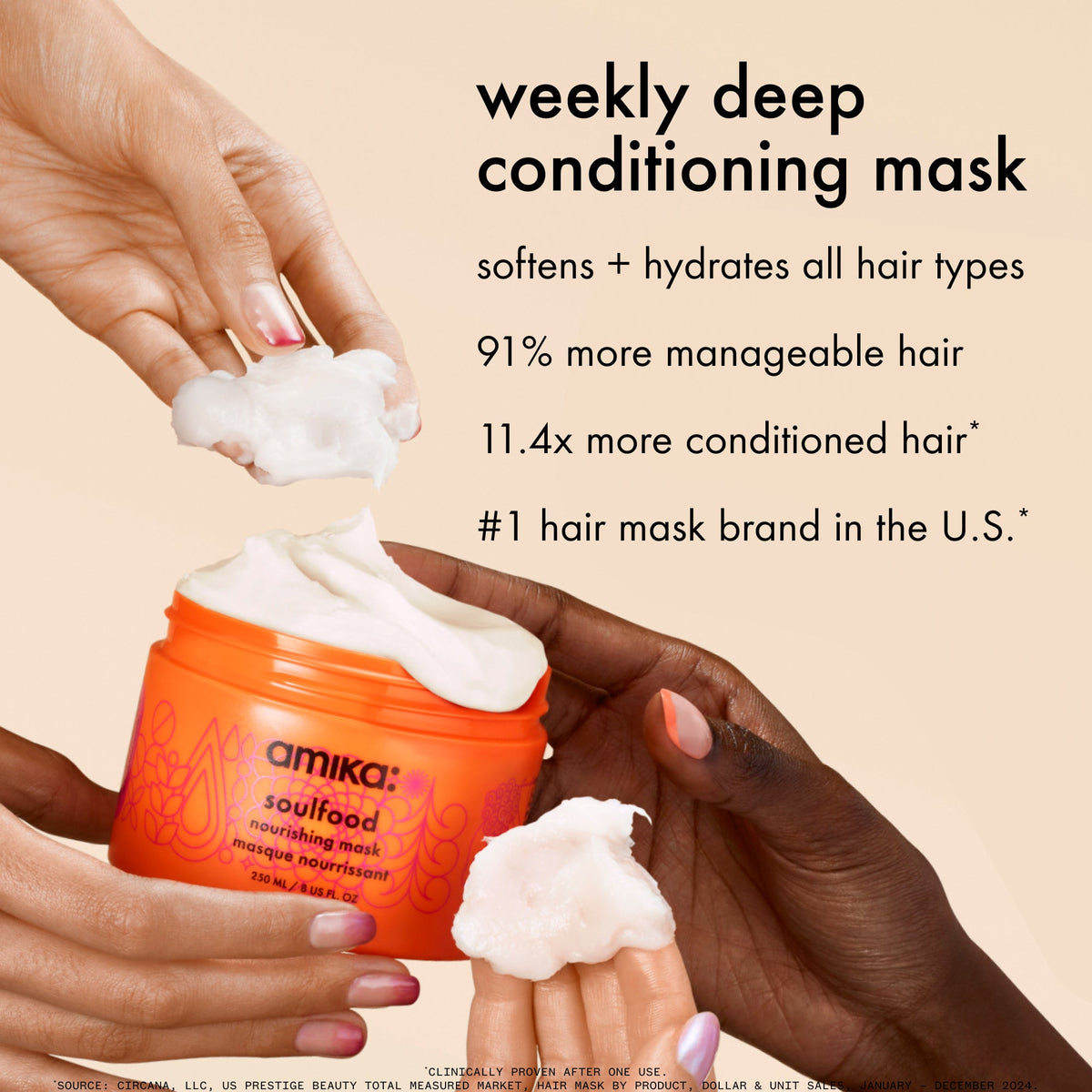 Hands reach for and into a jar of Amika soulfood mask. text: "weekly deep conditioning mas