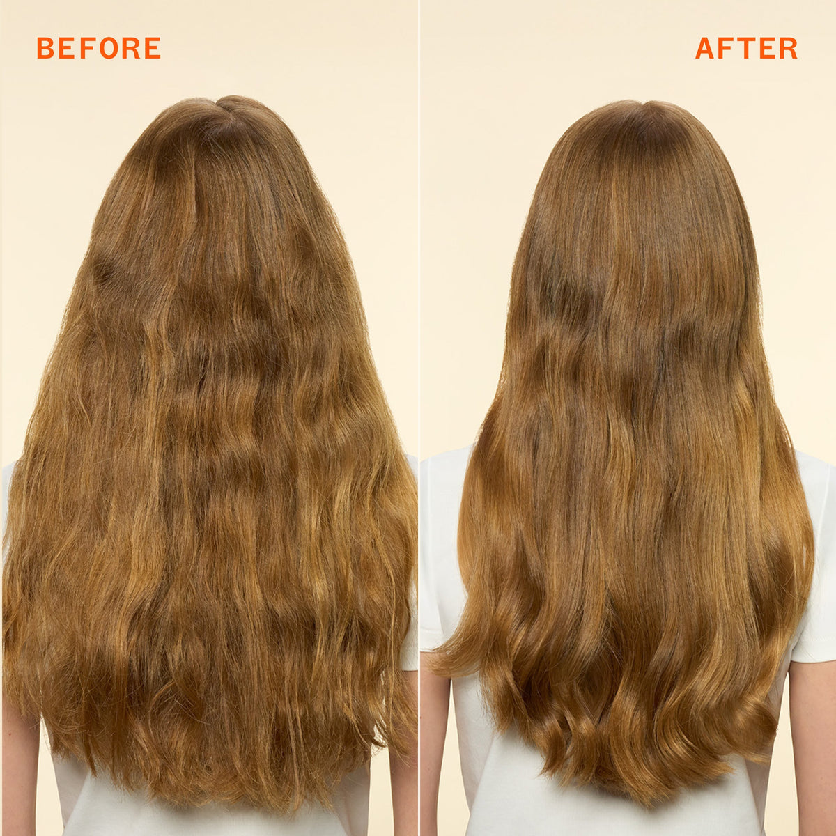 Before and after image showing the back of a woman’s light brown wavy hair. the left “befo