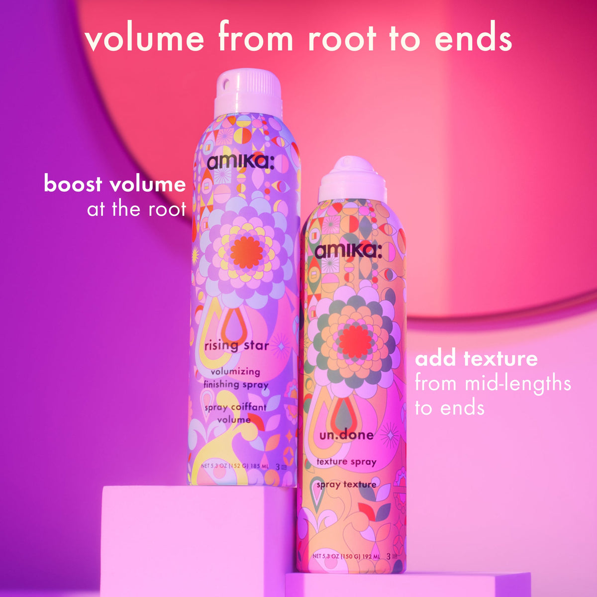 Two colorful hair spray bottles with text on a pink and purple gradient background. "volum