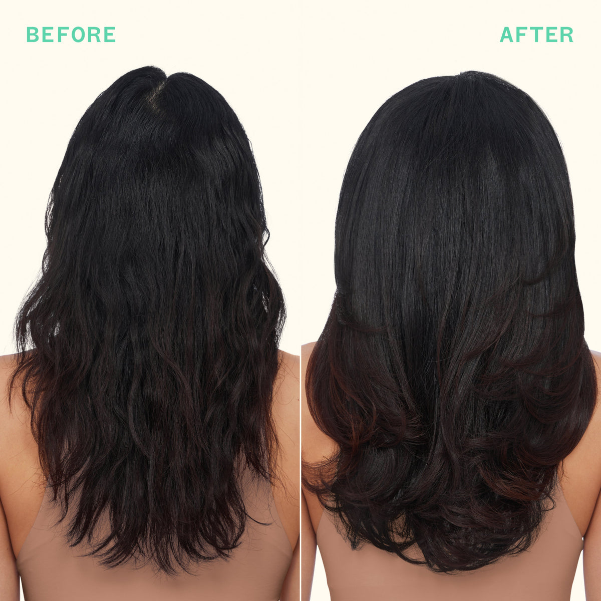 Image of a model's hair before and after using the kure multi-task treatment
