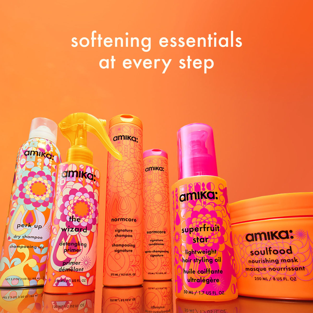 Image of the signature collection. text reads: "softening essentials at every step. perk u