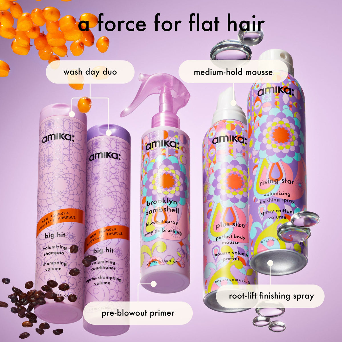 Amika hair care products on a purple background with text indicating product types.