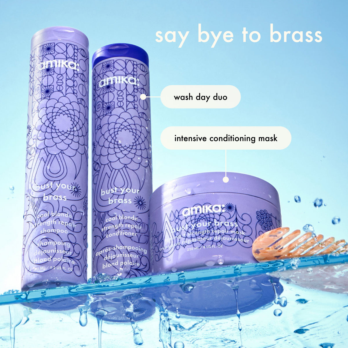 Amika hair care products including shampoo and mask with a blue background