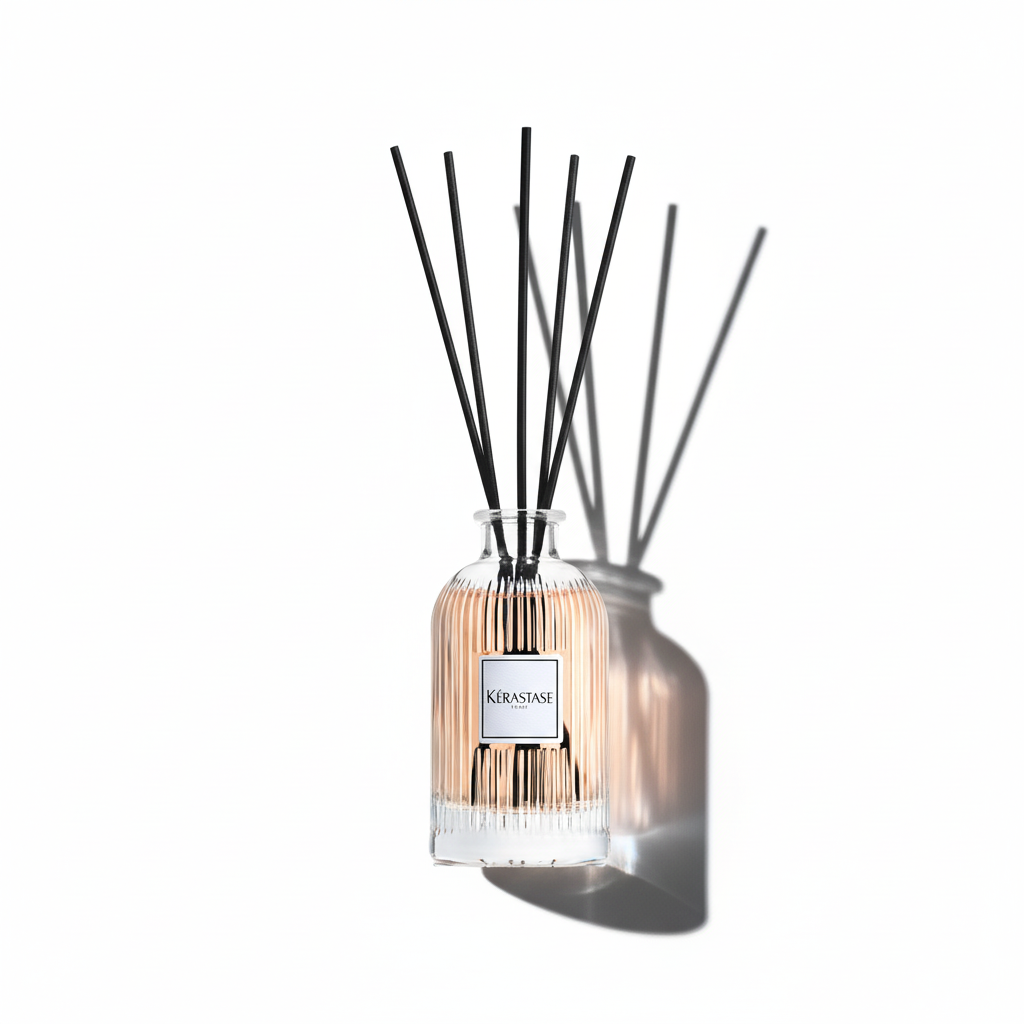 Diffuser with black sticks in a pink bottle on a white background
