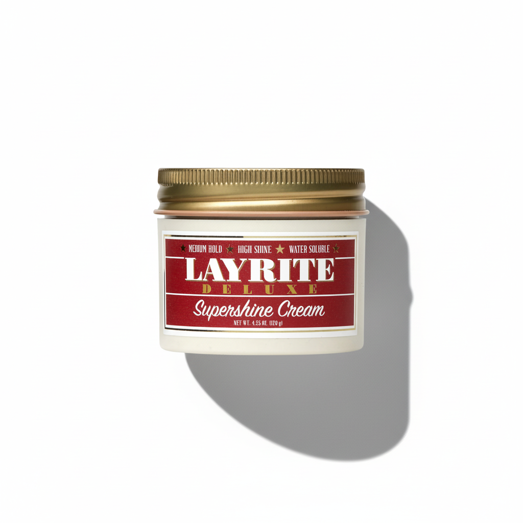 Jar of Layrite Deluxe Supershine Cream on a white background