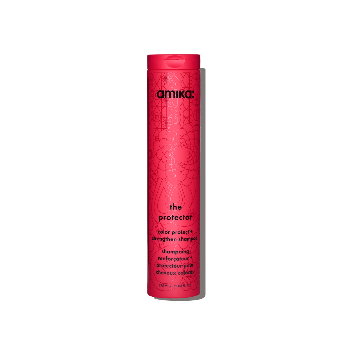 A single Amika 'The Protector' color-protected strengthening shampoo bottle, featuring a v