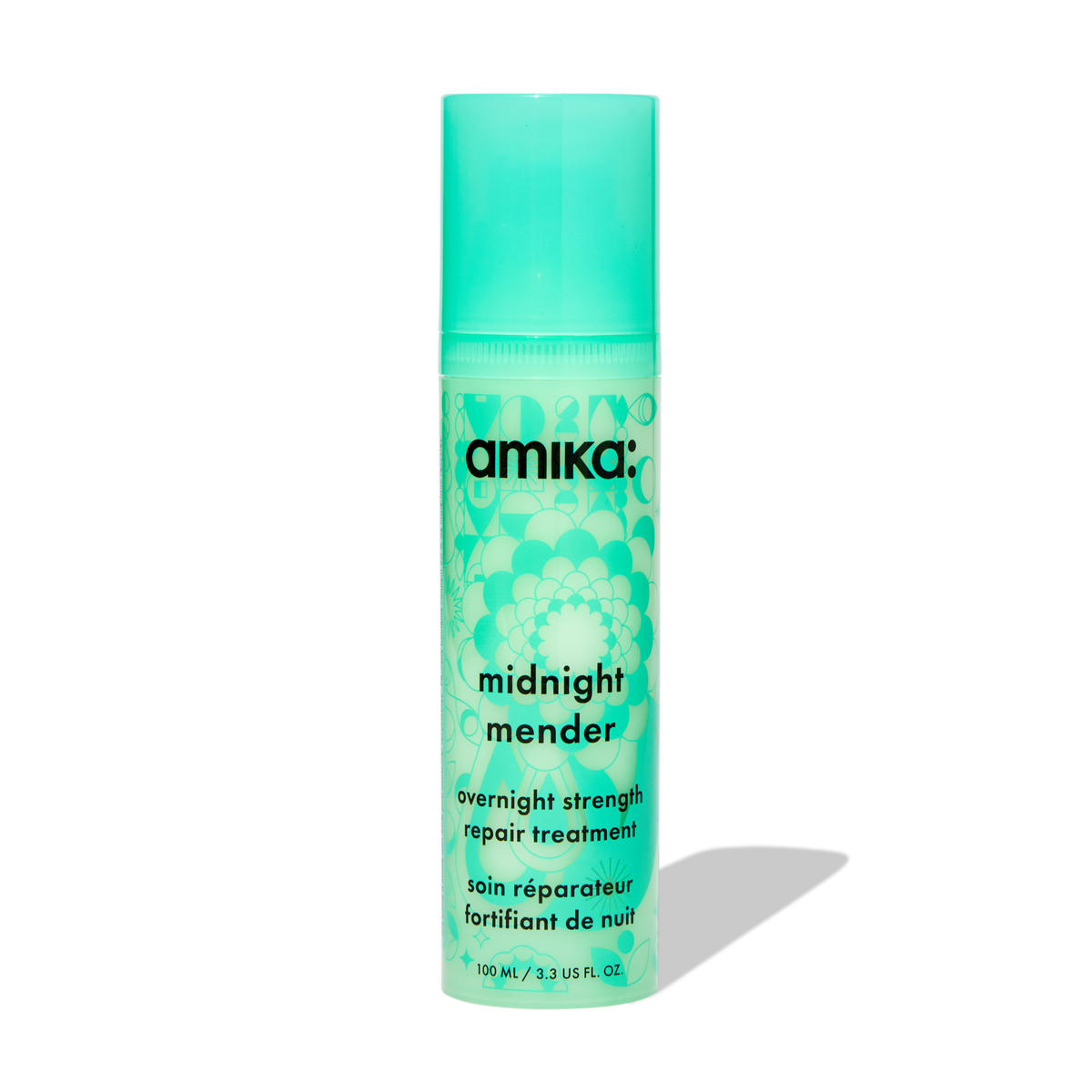 Image of a green bottle of Amika midnight mender overnight strength repair treatment mask.