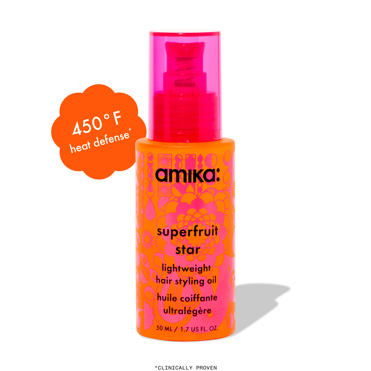 Amika Superfruit Star hair styling oil bottle with heat defense feature on a white backgro