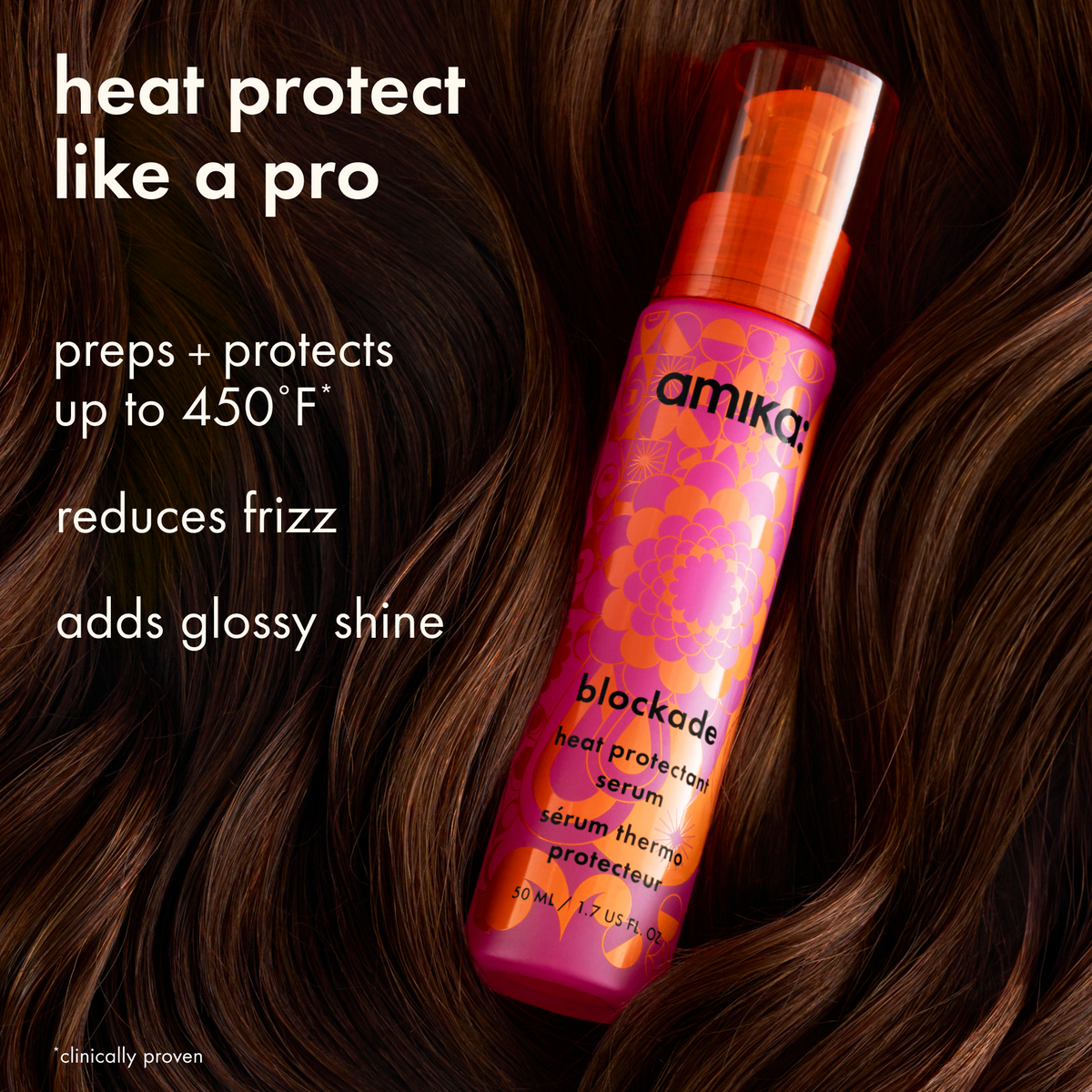 Blockade heat protectant serum lying on brown hair, with text reading 'heat protect like a