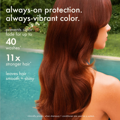 Woman with long reddish-brown hair. Overlaid text reads: "always-on protection. always-vib