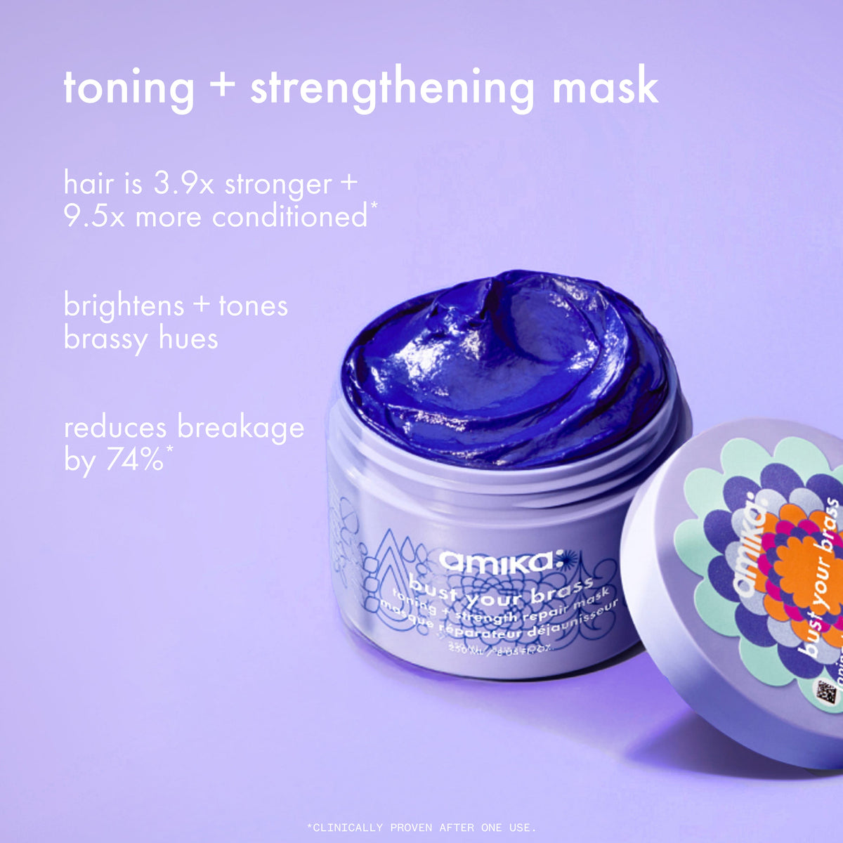Amika toning and strengthening mask jar with blue mask on a purple background