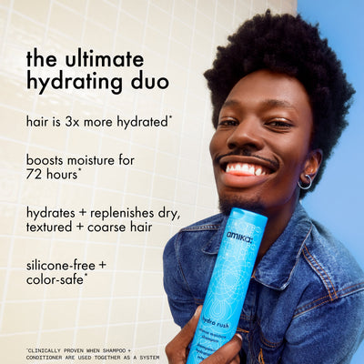 Person holding a blue bottle with product information on hydrating hair.
