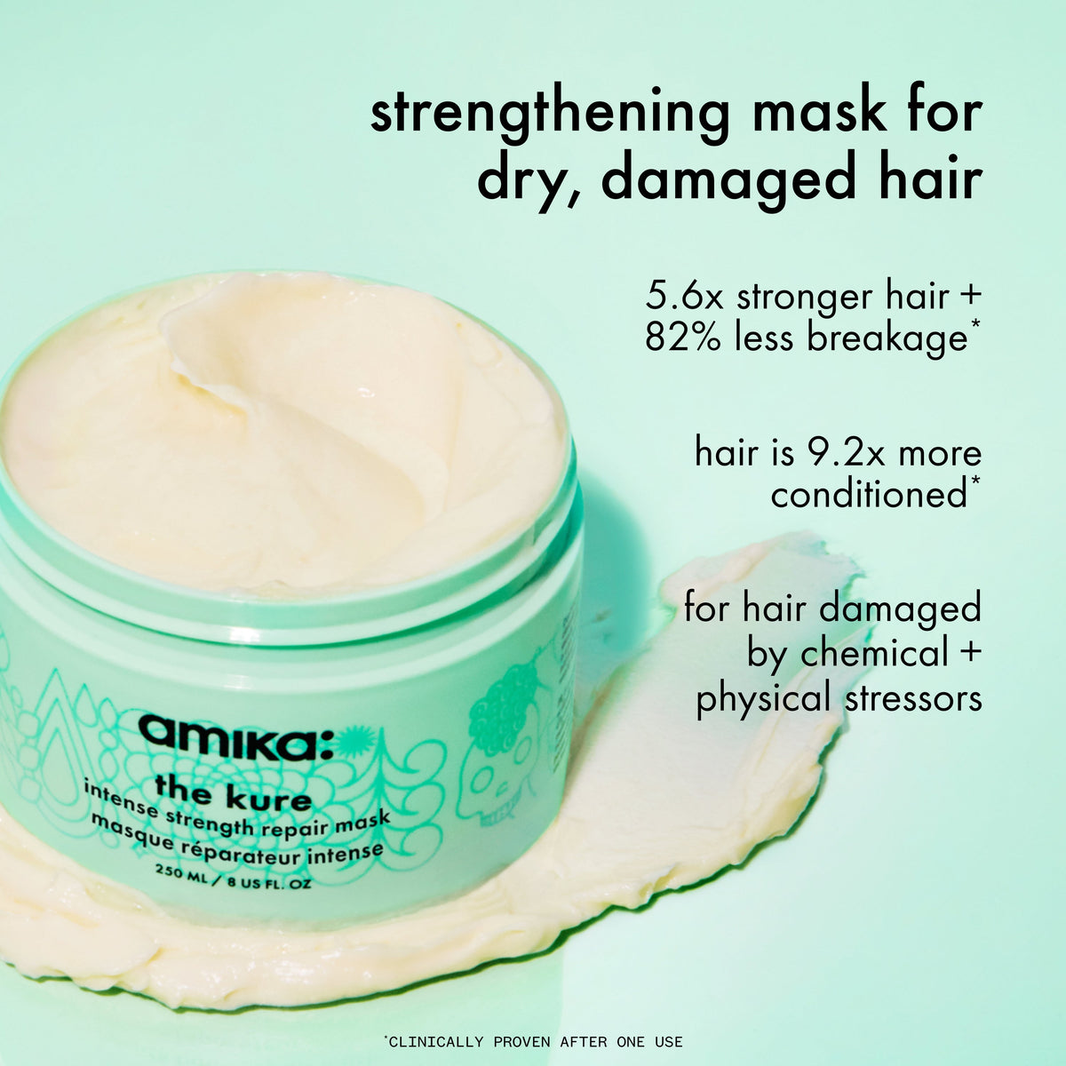 Amika strengthening mask for dry, damaged hair on a light green background