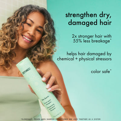 A smiling model holds a bottle of the kure shampoo. Text reads: "strengthen dry, damaged h