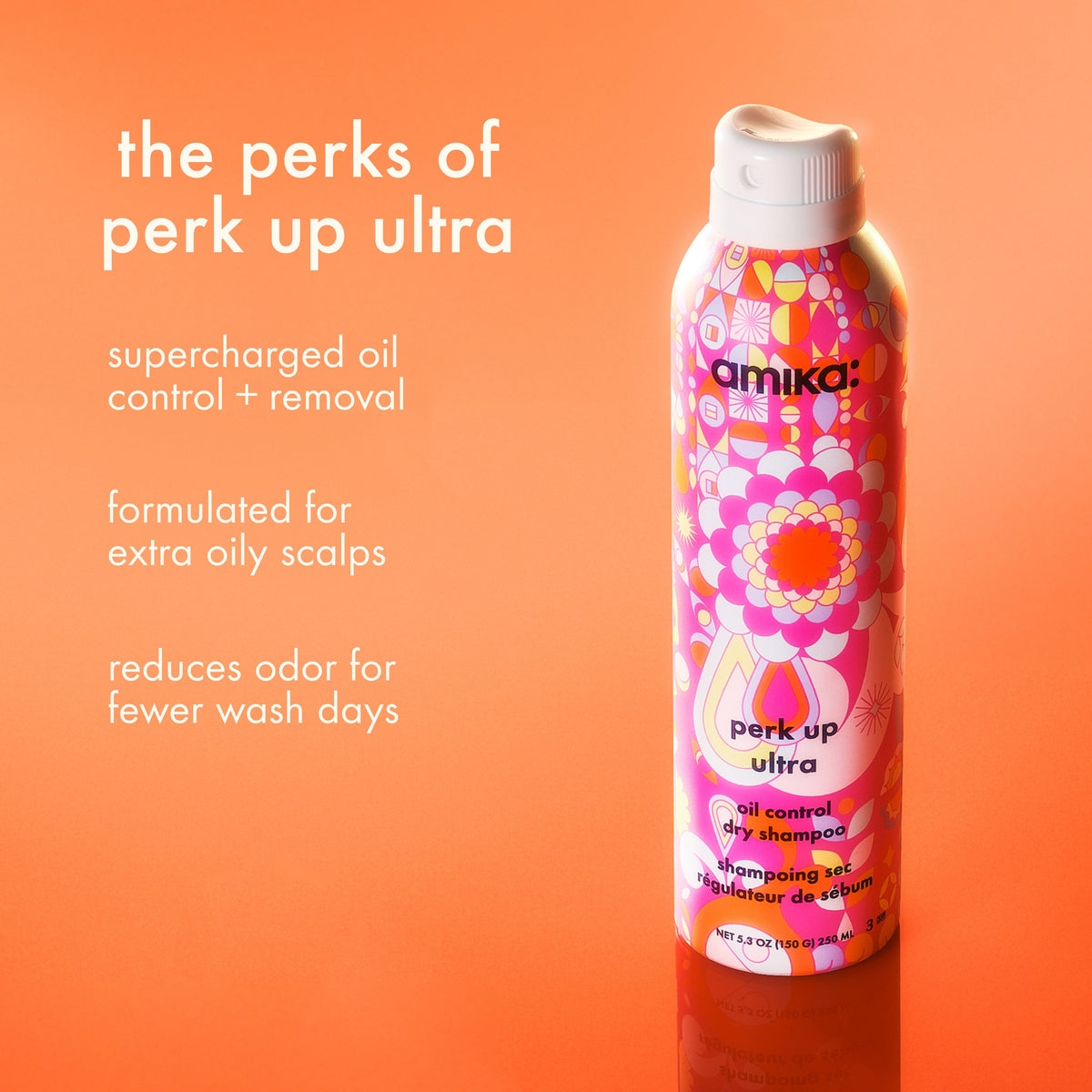 Amika Perk Up Ultra dry shampoo bottle on an orange background with product details.