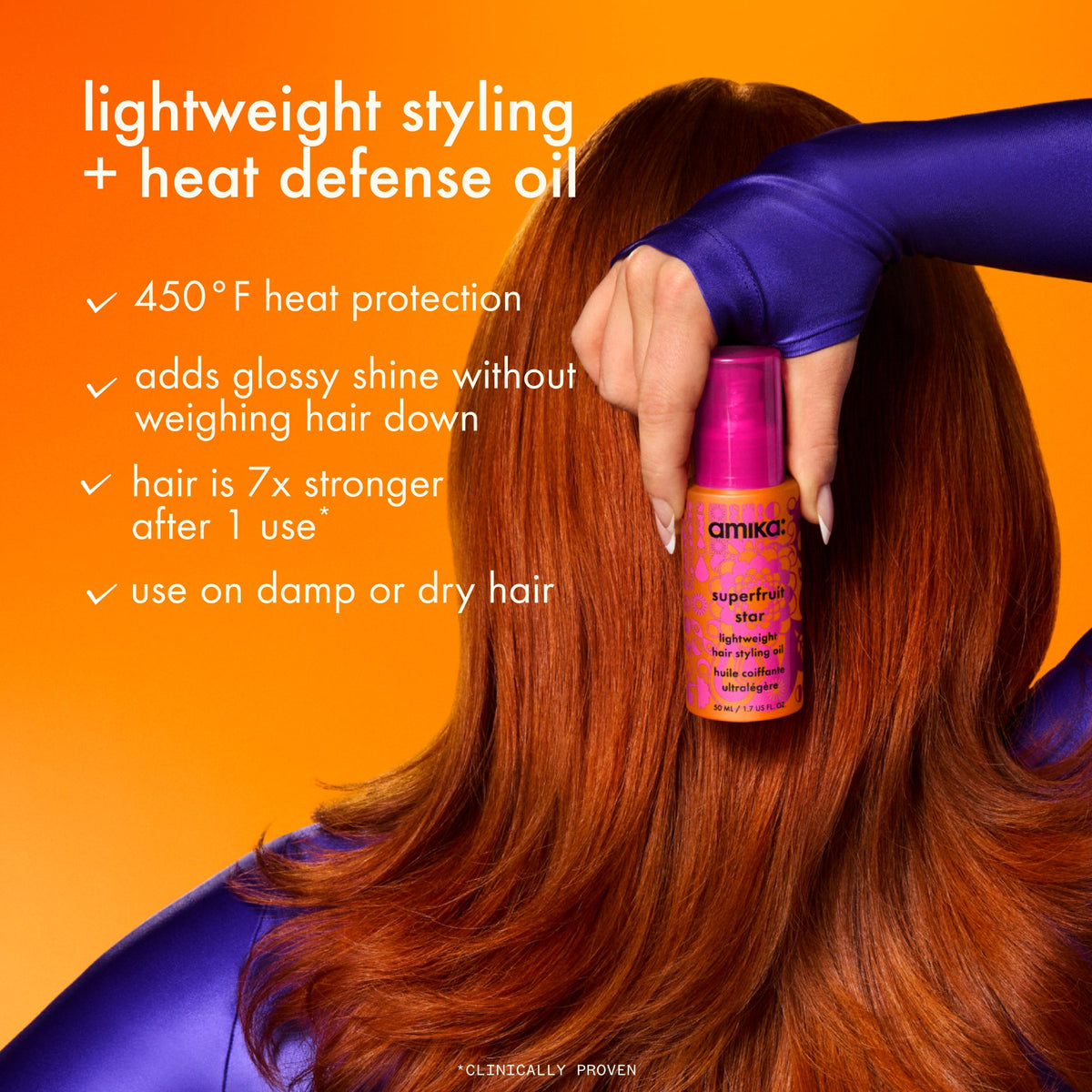 Amika hair oil bottle with text on an orange background
