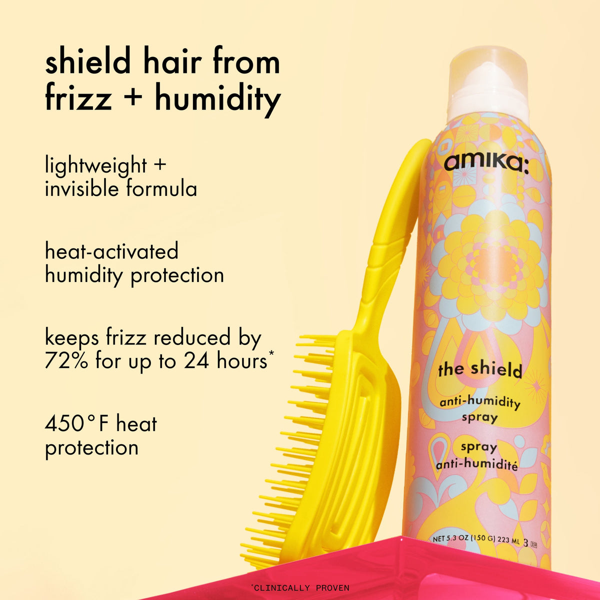Amika anti-humidity spray with a yellow brush on a light pink background