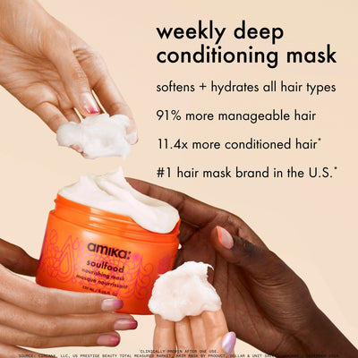 Hands reach for and into a jar of Amika soulfood mask. text: "weekly deep conditioning mas