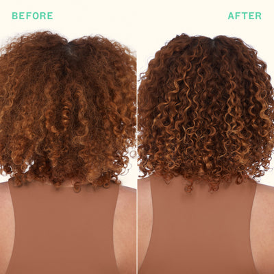 Image of a model's hair before and after using the kure multi-task treatment