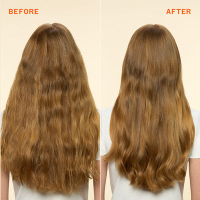 Before and after image showing the back of a woman’s light brown wavy hair. the left “befo