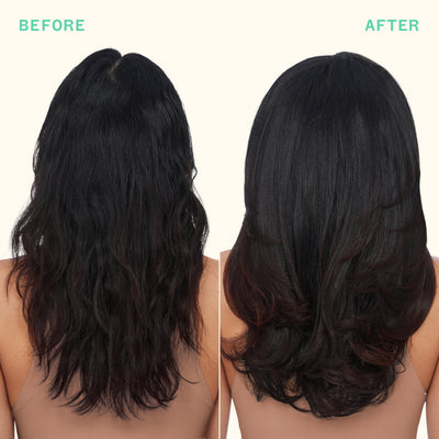 Image of a model's hair before and after using the kure multi-task treatment