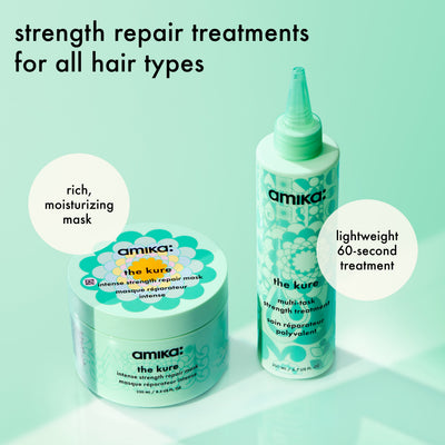 Amika the kure multi-task treatment and repair mask sit against a light green background.
