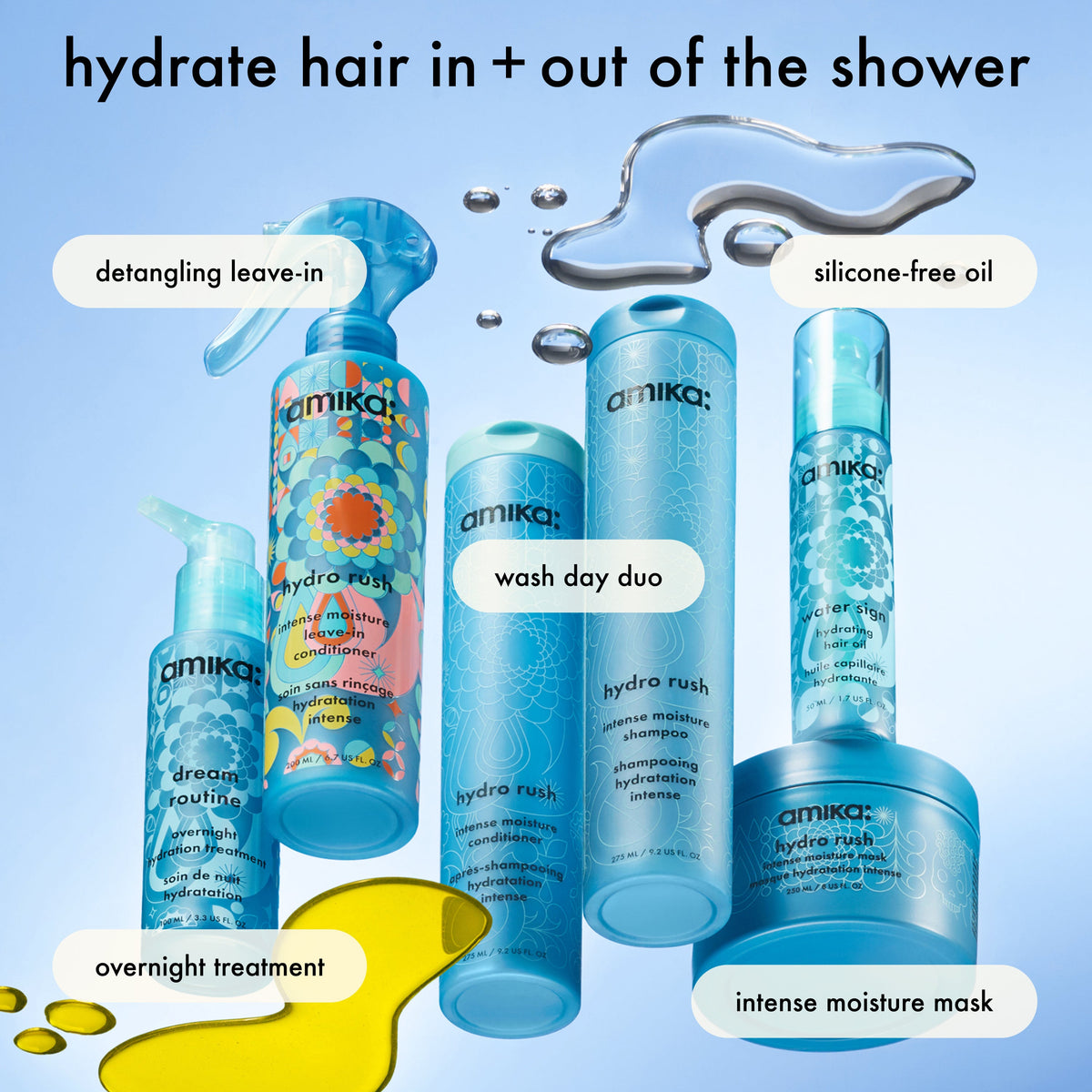 Amika hair care product lineup with labels on a blue background