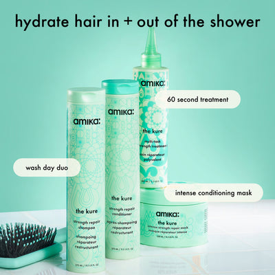 Amika hair care products including shampoo, conditioner, and mask on a teal background