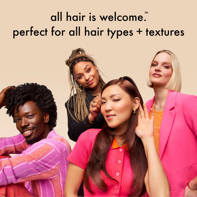 Four women with different hair types and styles on a beige background with text 'all hair 