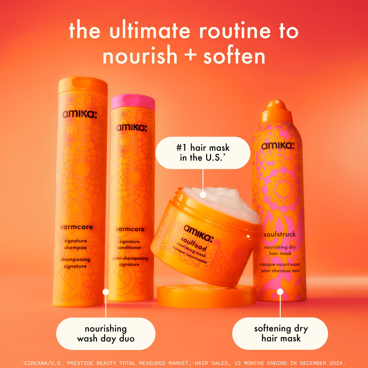 Amika's signature collection appears against an orange-pink gradient background. text read