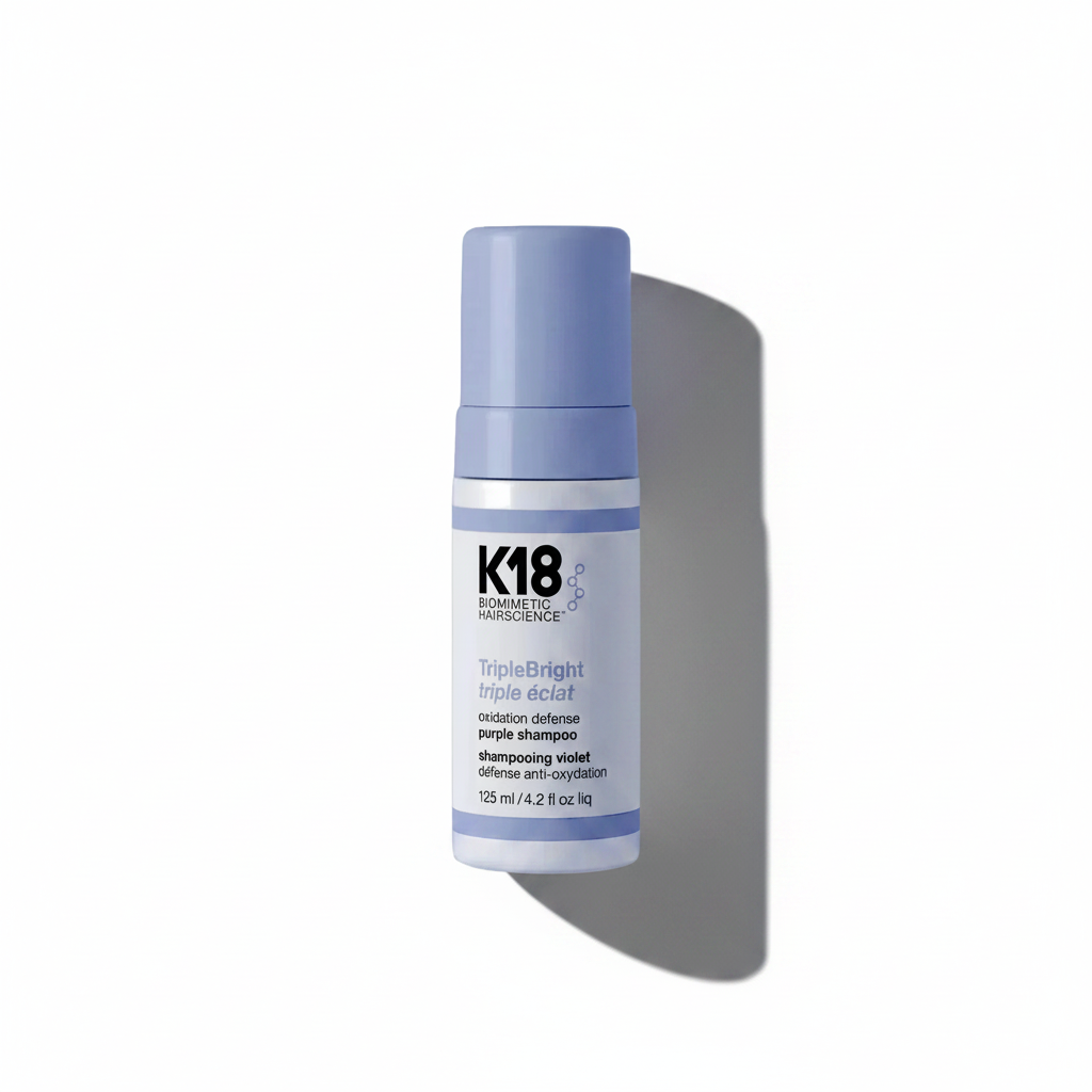 K18 Triple Bright purple shampoo bottle on a white background