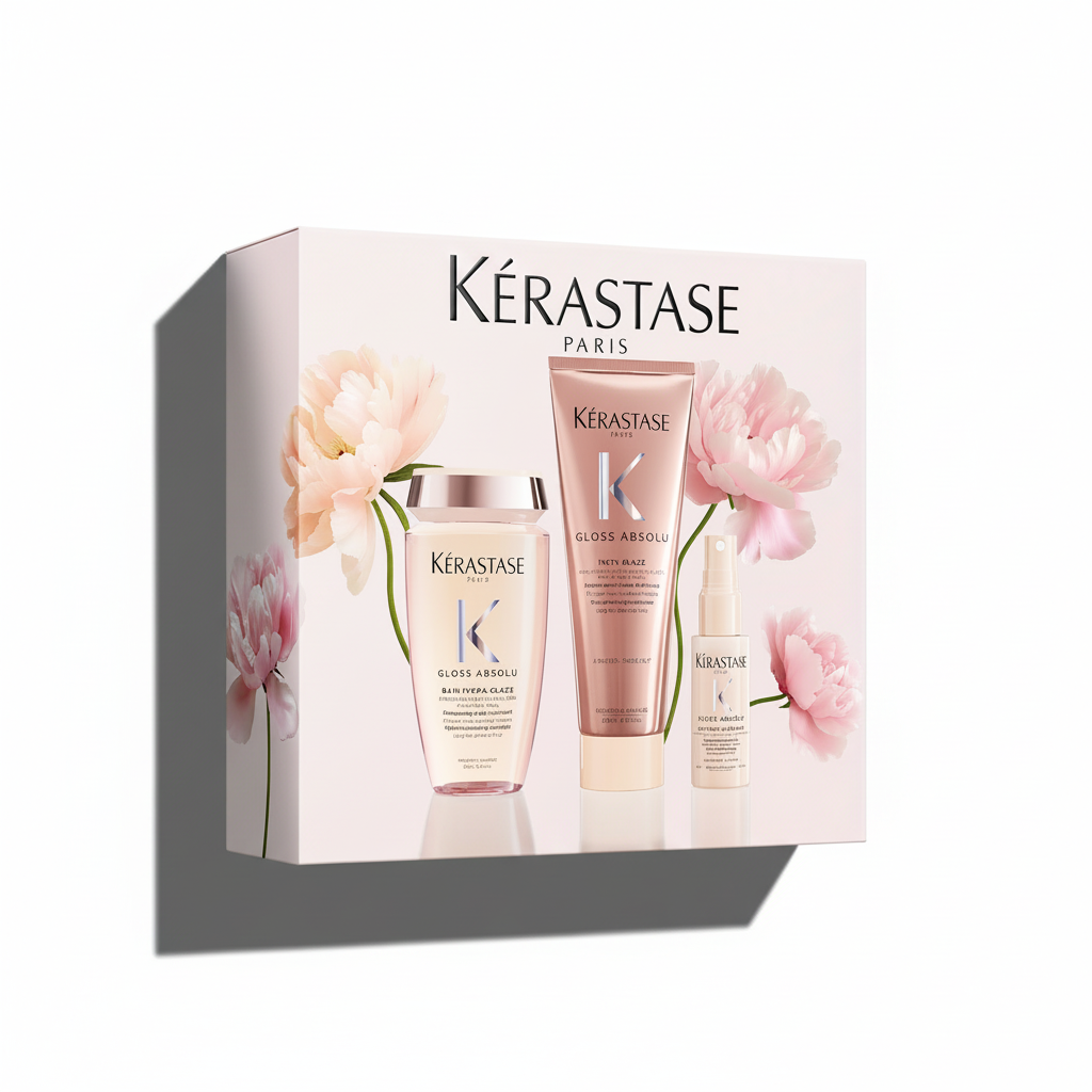 Kérastase hair care product set with floral design on a white background