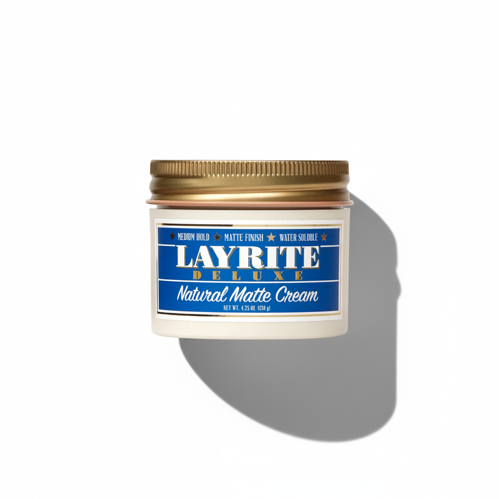 Jar of Layrite Deluxe Natural Matte Cream on a white background