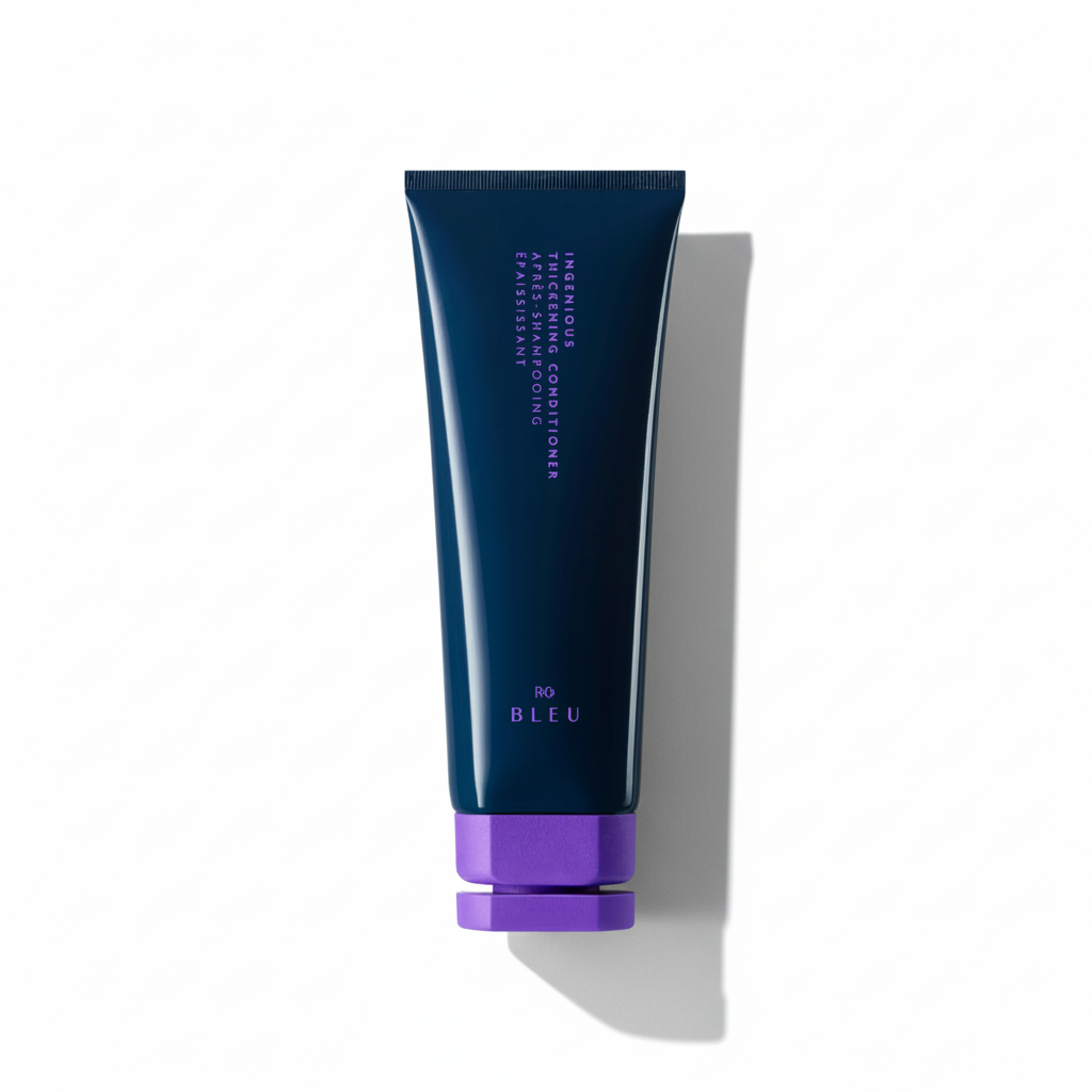 Blue and purple conditioner bottle on a white background