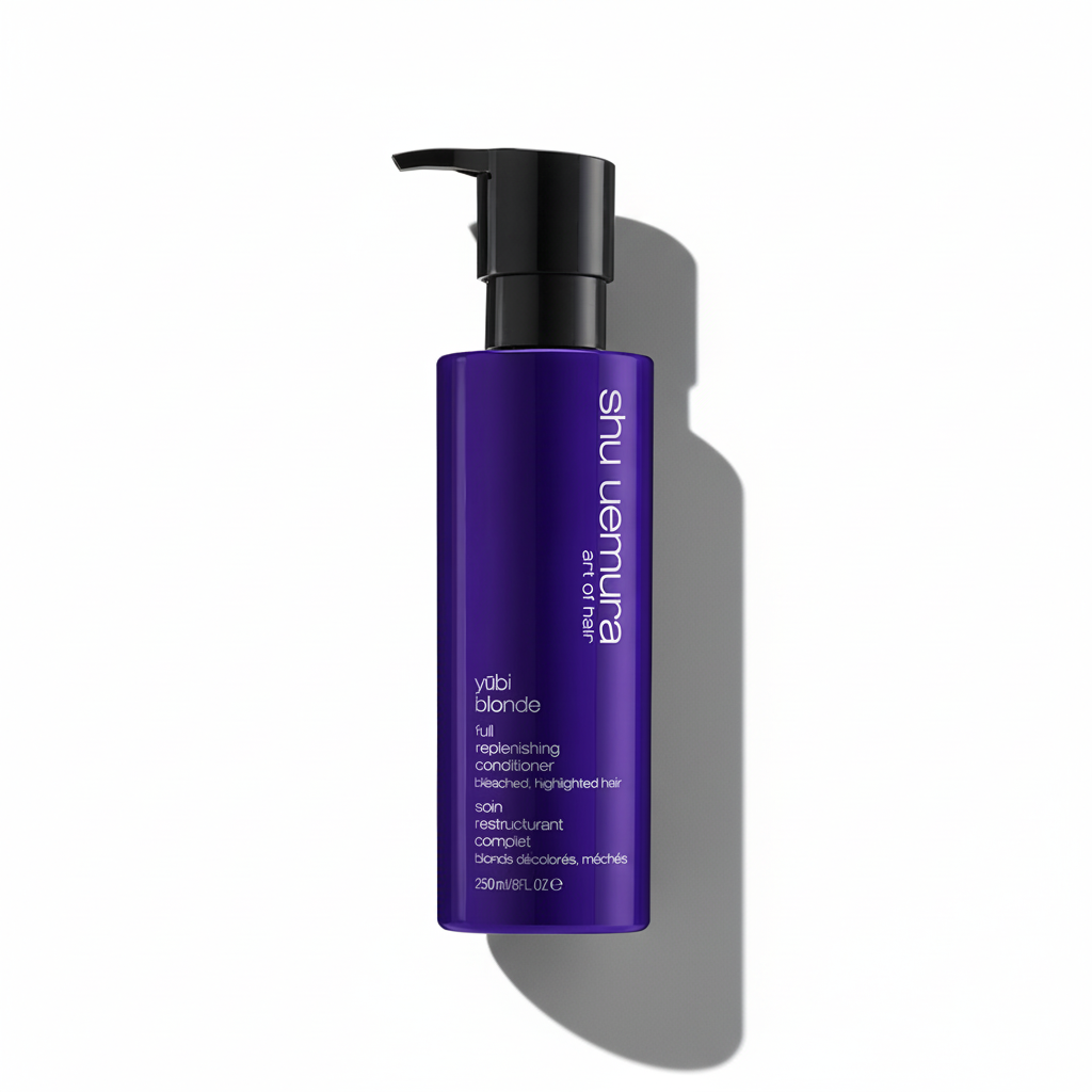 Purple bottle of Shu Uemura conditioner on a white background