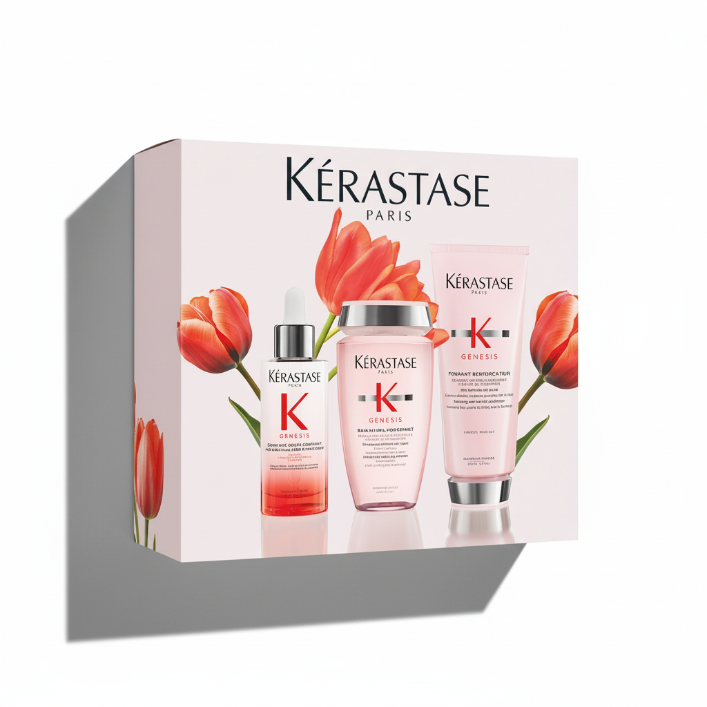 Kérastase product set with bottles and packaging on a white background