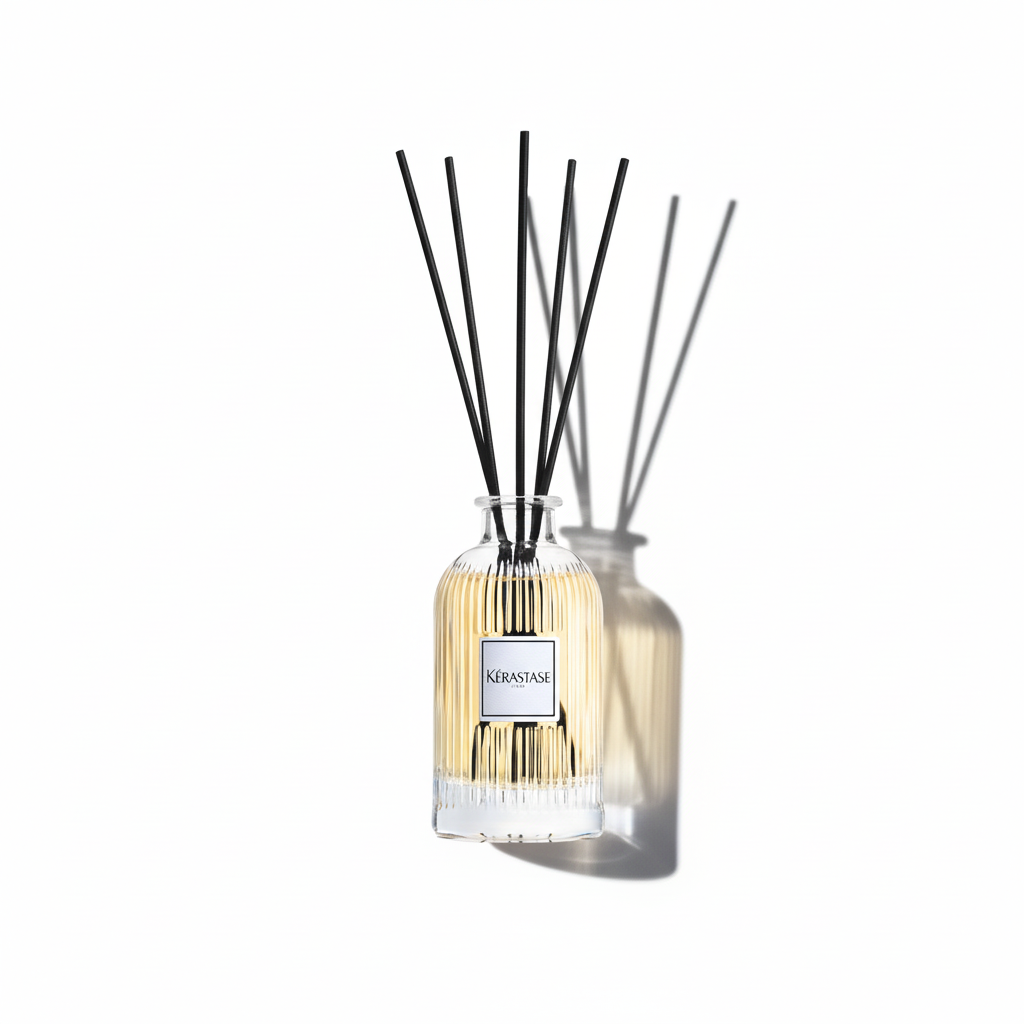 Kerastase diffuser bottle with black sticks on a white background