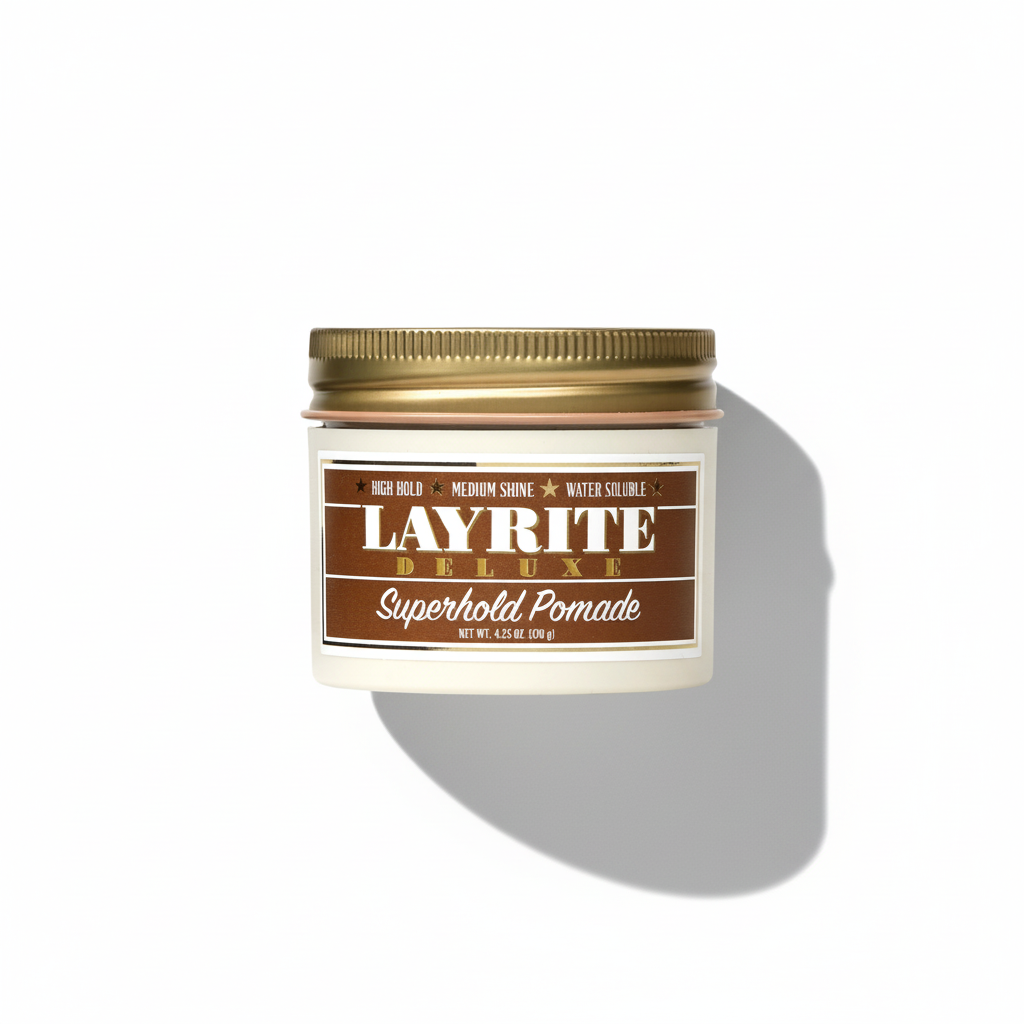Layrite Deluxe Superhold Pomade jar with gold lid on a white background