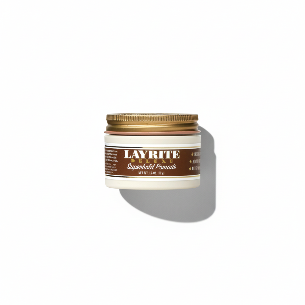Jar of Layrite Superhold Pomade on a white background