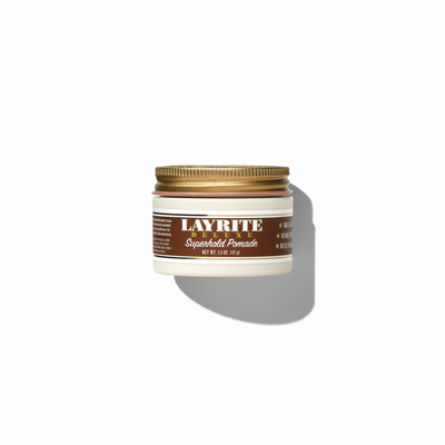 Jar of Layrite Superhold Pomade on a white background