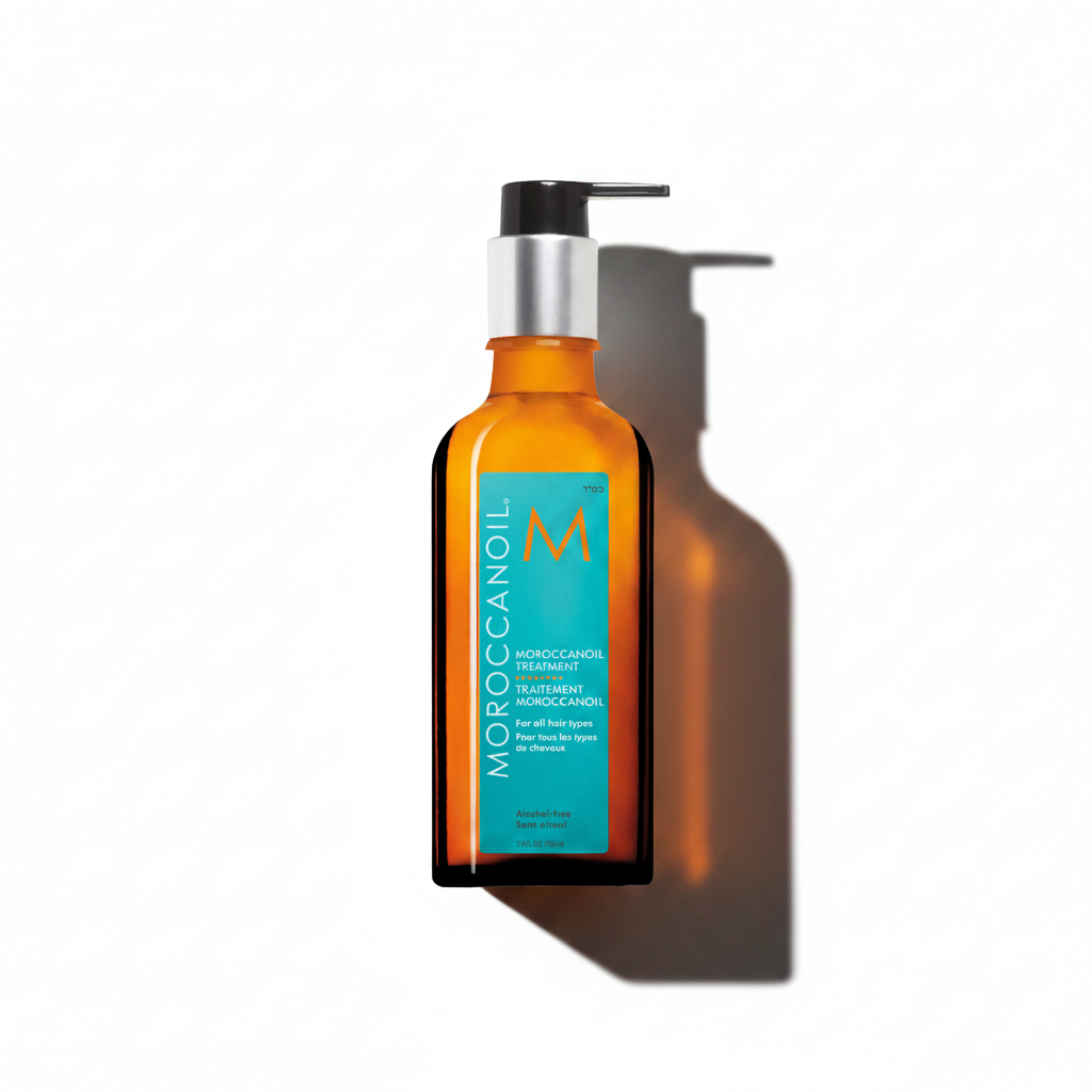 Moroccanoil hair treatment bottle on a white background