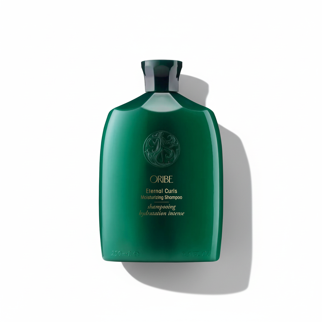 Green shampoo bottle with Oribe logo on a white background