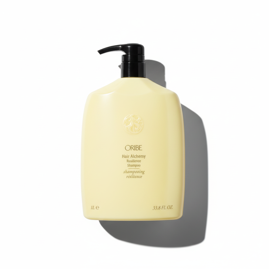 A bottle of Oribe Hair Alchemy Treatment shampooing resilience in pale cream with a black pump, shown on a white background with a soft shadow.