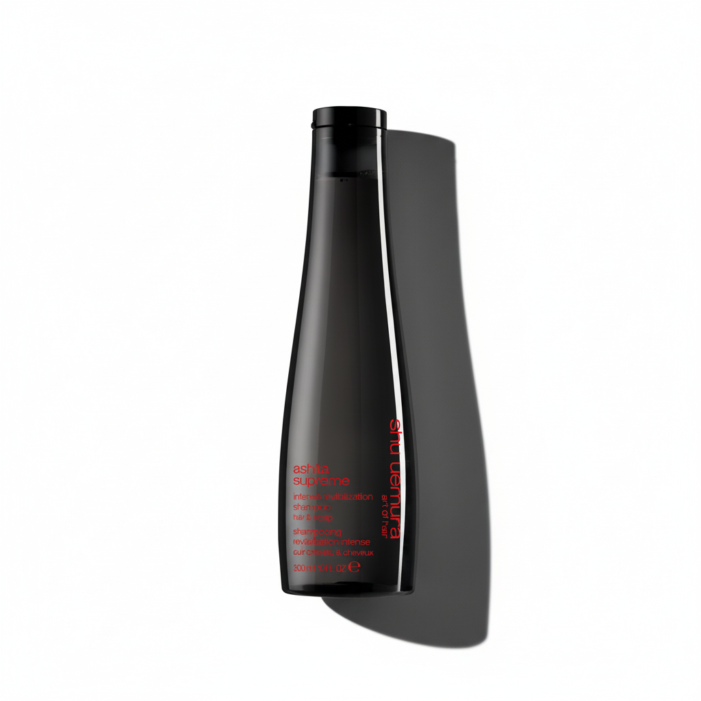 Black cylindrical bottle with red text on a white background