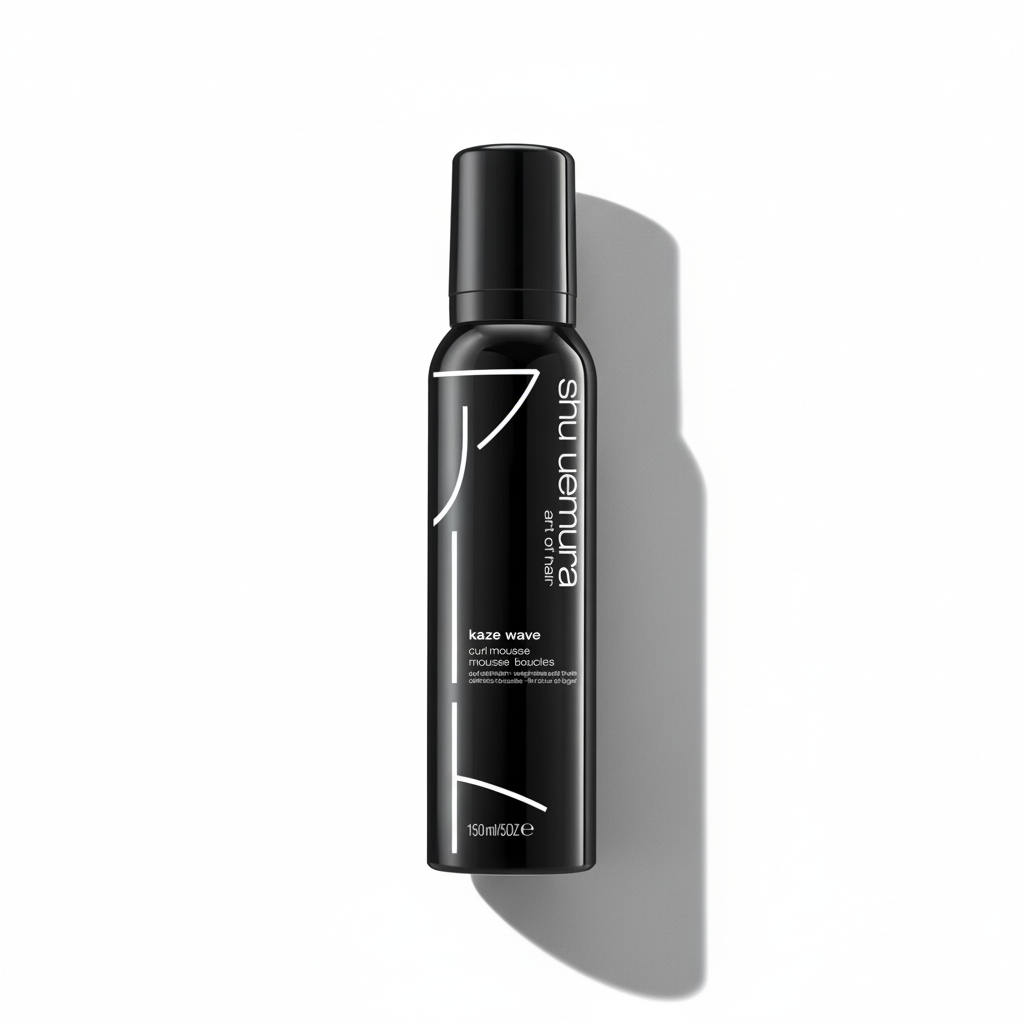 Black hair product bottle with Shu Uemura branding on a white background